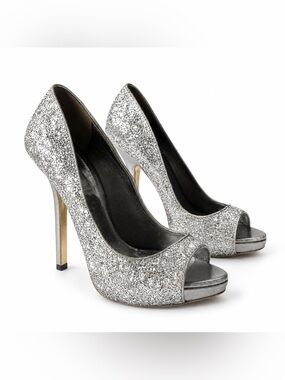 Miu Miu Silver Glitter Peep Toe Platform Stiletto Heels EU 37 Made in Italy